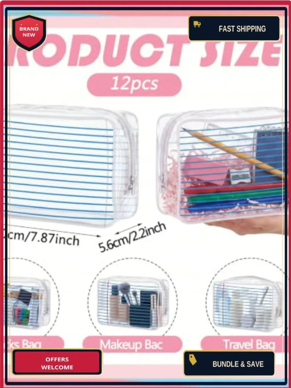 12 PCS Clear Transparent PVC Teacher Survival Kit Makeup Bags, Waterproof